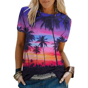 قميص Sunset Palm Tree للنساء، تي شيرت صيفي هاواي بأكمام قصيرة، تي شيرت لقضاء العطلات على الشاطئ