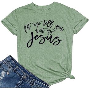 IOEGW Christian Shirts for Women Let Me Tell You Bout My Jesus Vintage T-Shirts Casual Short Sleeve Tee Top