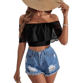 OYOANGLE Women's Contrast Lace Off Shoulder Short Sleeve Crop T Shirts Solid Plain Slim Fit Tee Tops