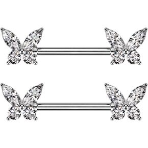 Pierced Owl 14GA 316L Stainless Steel CZ Crystal Butterfly Ends Nipple Barbells, Sold as a Pair