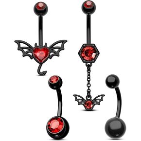 COCHARM Halloween Belly Button Rings 4PCS 14G Belly Button Ring Black Belly Rings for Women Dangle Belly Piercing Jewelry 316l Stainless Steel