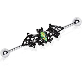 Pierced Owl 14GA Filigree Winged Bat with Synthetic Green Opalite belly 316L Surgical Stainless Steel Industrial Cartilage Barbell