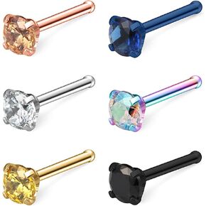 Ruifan 6PCS 20G Surgical Steel Mix Color Diamond CZ Nose Stud Rings Bone Pin Piercing Jewelry 1.5mm 2mm 2.5mm 3mm