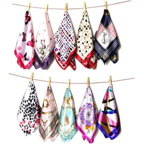 10PCS Women Girls Square Satin Scarves Fashion Printed Neckerchief Necktie Shawl Headscarves Hairband Wristband (Color Random)
