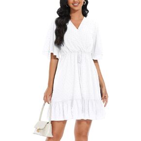 YUNDAI Women's Summer Dresses Casual Short Sleeve V Neck Ruffle Leopard Print Flowy Mini Dress with Belt