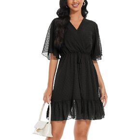 YUNDAI Women's Summer Dresses Casual Short Sleeve V Neck Ruffle Leopard Print Flowy Mini Dress with Belt