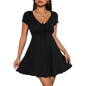 Milumia Women's Petite Knot Front V Neck Short Sleeve Flare Dress Ruched A Line Mini Dresses