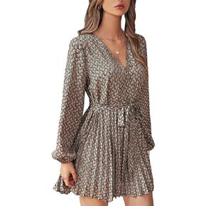 SweatyRocks Women's Allover Print Long Lantern Sleeve Mini Dress V Neck Pleated Hem Belted Dresses