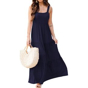 ELGOGY Womens 2023 Summer Casual Sleeveless Sundress Loose Flowy Tiered Beach Maxi Dress with Pockets