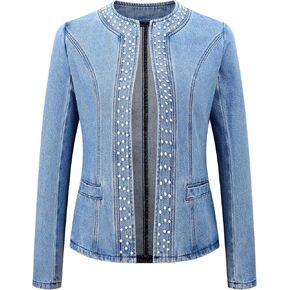 Kedera Women's Pearl Denim Jacket Long Sleeve Collarless Rivet Short Denim Coat with Pockets