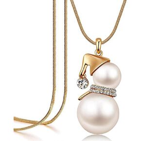 Essencedelight Christmas Snowman Pendant Necklace Imitation Pearl Crystal Necklace Big Gourd Necklace Long Sweater Chain for Women