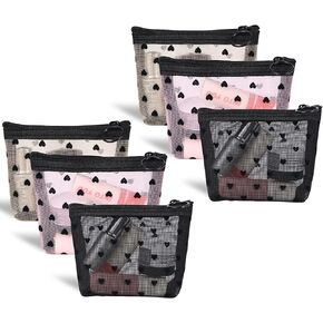 6 Pack Mini Mesh Makeup Bags, Heart Print Zipper Mesh Storage Pouch, Travel Cosmetic Accessories Organizer for Women (Black, Beige, Pink)