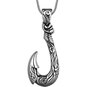 Fish Hook Pendant Necklace - Hawaii Fishing Carved Bone Fish Hook Necklace Stainless Steel Fishing Necklace Fish Scale Pendants Nautical Jewelry Gifts for Men Women Girls