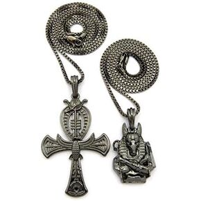 MENS EGYPTIAN ANUBIS & ANKH CROSS PENDANT & BOX CHAINS HIP HOP NECKLACE SET BLACK
