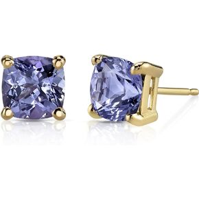Peora Solid 14K Yellow Gold Tanzanite Stud Earrings for Women, Genuine Gemstone Solitaire, AAA Grade Cushion Cut 6mm, 2 Carats total, Friction Back