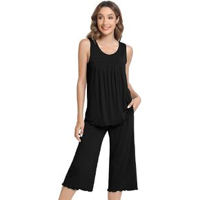 NACHILA Pajamas Set for Women-Viscose Made from Bamboo, Tank Top with Capri Pants Cool Sleepwear Pleated Pj Sets S-4XL