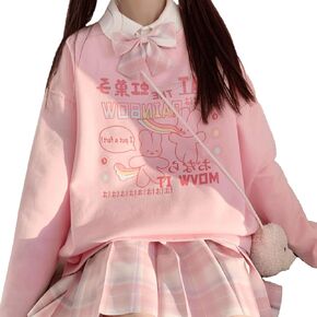 ZLMuMulin Japanese Style Harajuku Kawaii Goth Fashion Soft Crewneck Light Fleece Lined Cartoon Rainbow Bunny Print Sweatshirt