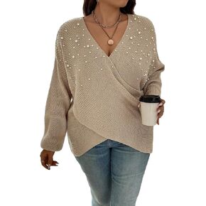 WDIRARA Women's Plus Size Pearls Criss Cross V Neck Long Sleeve Sweater Asymmetrical Pullovers