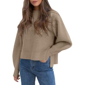 سترة نسائية Langwyqu 2023 ذات فتحة جانبية مضلعة وأكمام طويلة فضفاضة بلوفر غير متماثل بفتحة جانبية in Kuwait