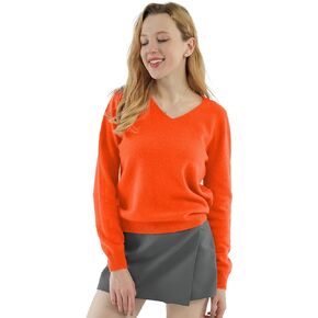 Women's V-Neck Oversized Fall Winter Warm 100% Pure Wool Long Warm Soft Loose Sleeve Pullover Sweater Tops Best for Winters, Spring and Autumn(Orange).