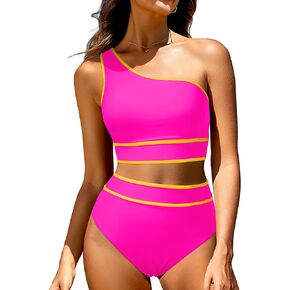 Holipick Women's One Shoulder Bikini Set High Waisted Bathing Suit Color Block Two Piece Swimsuit