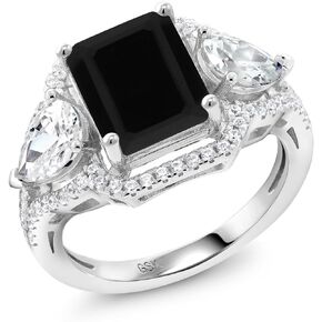 Gem Stone King 925 Sterling Silver Black Onyx Ring For Women (3.92 Cttw, Emerald Cut 10X8MM, Gemstone December Birthstone, Available In Size 5, 6, 7, 8, 9)