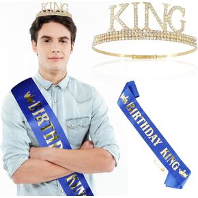 CUBACO عيد ميلاد الملك تاج ووشاح للرجال، هدايا عيد ميلاد للرجال، زينة عيد ميلاد ذهبية للرجال النساء معدن كريستال تاج تيارا للنساء الرجال مناسبة حفلة عيد ميلاد (ذهبي أسود) in Kuwait