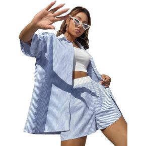 Verdusa Women's 3 Piece Outfits Stripe Print Cami Top Button Up Shirt with Shorts