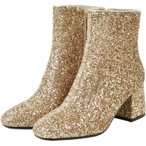 Womens Sparkly Ankle Boots Chunky Heel Glitter Booties Closed Toe Block Heel Dress Winter Shoes