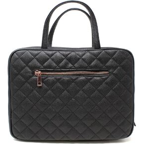 Chevron Leather Toiletry Travel Bag for Women - Large Cosmetic Size - Gold Hardware and Satin Interior - Black