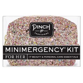 Pinch Provisions Rose Gold Glitter Minimergency Kit, for Her, Includes 17 Must-Have Emergency Essential Items, Compact, Multi-Functional Pouch, Gift for Parties and Birthdays