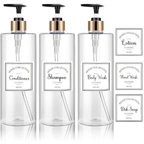 3 Pieces Pump Bottle Set, 25 oz Shampoo and Conditioner Dispenser, Plastic Refillable Soap Dispenser with 6 Label Sticker for Bathroom Lotion Body Wash(Black, 25 oz)