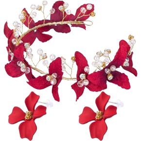 ANCIRS Red Flower Crown Bridal Hair Band Headband, Rhinestone Red Rose Crowns Tiaras Hair Accessories for Women & Girls Wedding Engagement Birthday Christmas Decorations