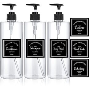 3 Pieces Pump Bottle Set, 25 oz Shampoo and Conditioner Dispenser, Plastic Refillable Soap Dispenser with 6 Label Sticker for Bathroom Lotion Body Wash(Black, 25 oz)