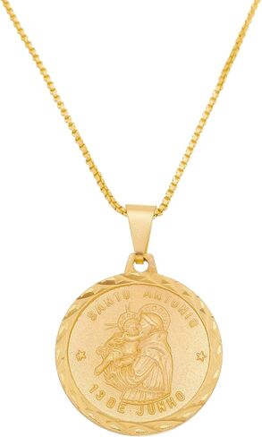 18k Unisex Gold Plated Saint Anthony Medal Pendant with Box Necklace 23.6 inches Made in Brazil in Saudi Arabia