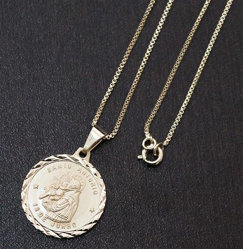 18k Unisex Gold Plated Saint Anthony Medal Pendant with Box Necklace 23.6 inches Made in Brazil in Saudi Arabia