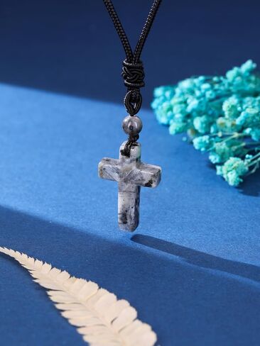 Top Plaza Cross Healing Crystal Stone Necklace for Men Natural Gemstone Adjustable Black Rope Necklace Amulet Spiritual Jewelry Christmas Gifts in Saudi Arabia
