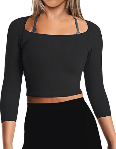 قمصان نسائية قصيرة بأكمام 3/4 ورقبة مربعة بدون ظهر للتمرين، قمصان رياضية لليوجا in Kuwait