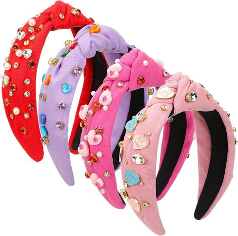 Yuxung 4 Pack Valentine's Day Knotted Headbands, Pearl Crystal Gemstone Heart Shape Jewelry Headbands for Women and Girls, Fashionable Retro Headbands for Valentine Party Dating Head Accessories in Saudi Arabia