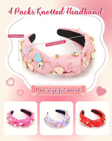 Yuxung 4 Pack Valentine's Day Knotted Headbands, Pearl Crystal Gemstone Heart Shape Jewelry Headbands for Women and Girls, Fashionable Retro Headbands for Valentine Party Dating Head Accessories in Saudi Arabia