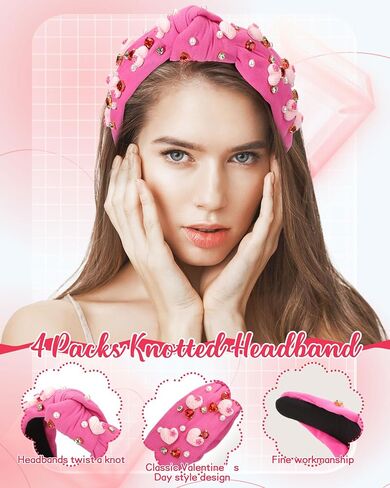 Yuxung 4 Pack Valentine's Day Knotted Headbands, Pearl Crystal Gemstone Heart Shape Jewelry Headbands for Women and Girls, Fashionable Retro Headbands for Valentine Party Dating Head Accessories in Saudi Arabia