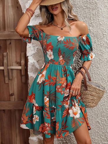 فستان MakeMeChic نسائي مطبوع عليه زهور استوائية بدون أكتاف وخصر عالي على شكل حرف A فستان قصير مكشكش وأكمام قصيرة in Kuwait