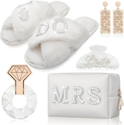 Funnysoft 5 Pcs Bride Gift Set Includes I Do Bride Slide Slippers Mrs Cosmetic Bag White Hair Claw Clip Earrings Hair Scrunchies for Women Bridal Shower Bachelorette Wedding Party Decorations in Saudi Arabia
