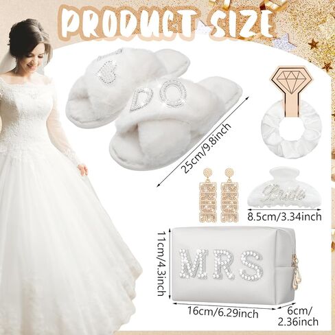 Funnysoft 5 Pcs Bride Gift Set Includes I Do Bride Slide Slippers Mrs Cosmetic Bag White Hair Claw Clip Earrings Hair Scrunchies for Women Bridal Shower Bachelorette Wedding Party Decorations in Saudi Arabia