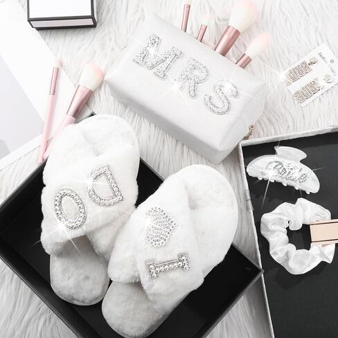 Funnysoft 5 Pcs Bride Gift Set Includes I Do Bride Slide Slippers Mrs Cosmetic Bag White Hair Claw Clip Earrings Hair Scrunchies for Women Bridal Shower Bachelorette Wedding Party Decorations in Saudi Arabia