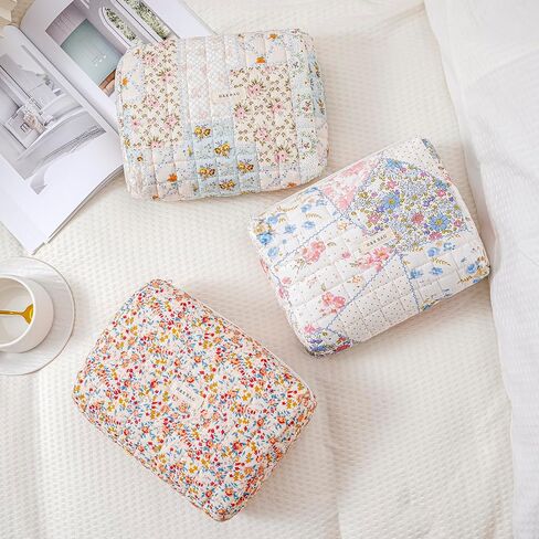 uekeboag Quilted Cotton Makeup Bag,Coquette Quilted Toiletry Bag for Women and Girls,Floral Coquette Pouch,Cute Kawaii Travel Cosmetic Bags(03 Pink Flower) in Saudi Arabia