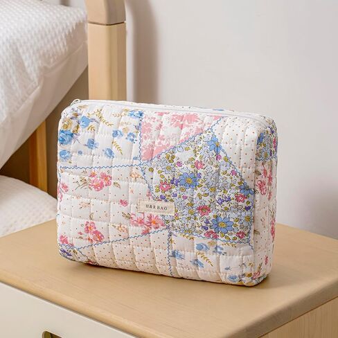 uekeboag Quilted Cotton Makeup Bag,Coquette Quilted Toiletry Bag for Women and Girls,Floral Coquette Pouch,Cute Kawaii Travel Cosmetic Bags(03 Pink Flower) in Saudi Arabia