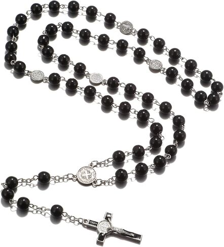 Rnivida Black Rosary Beads Necklace Miraculous St.Benedict Metal with Jesus Crucifix, Catholic Christian Gift for Men and Womens in Saudi Arabia
