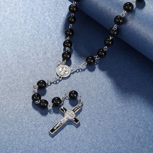 Rnivida Black Rosary Beads Necklace Miraculous St.Benedict Metal with Jesus Crucifix, Catholic Christian Gift for Men and Womens in Saudi Arabia