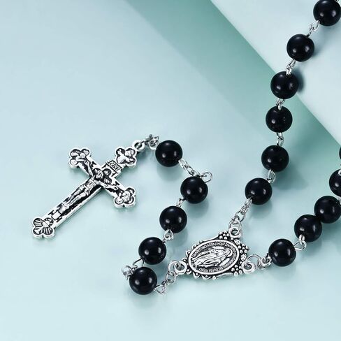 قلادة خرز مسبحة سوداء من رنفيدا، معدن سانت بنديكت المعجزة مع صليب يسوع، هدية مسيحية كاثوليكية للرجال والنساء in Kuwait